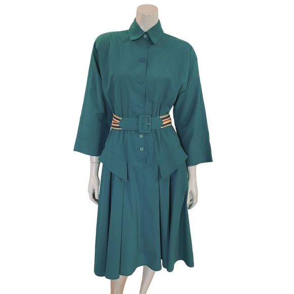 Vintage 80s Day Dress size 4 Emerald Green Cotton Blend with Contrasting Belt - Picture 1 of 7